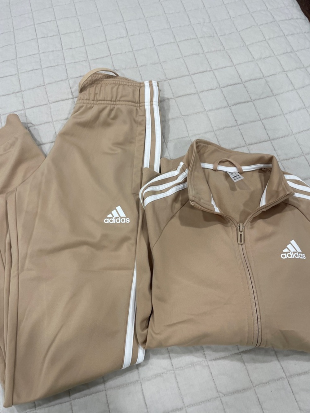 adidas Beige Track Jacket and Pants Set with White Stripes